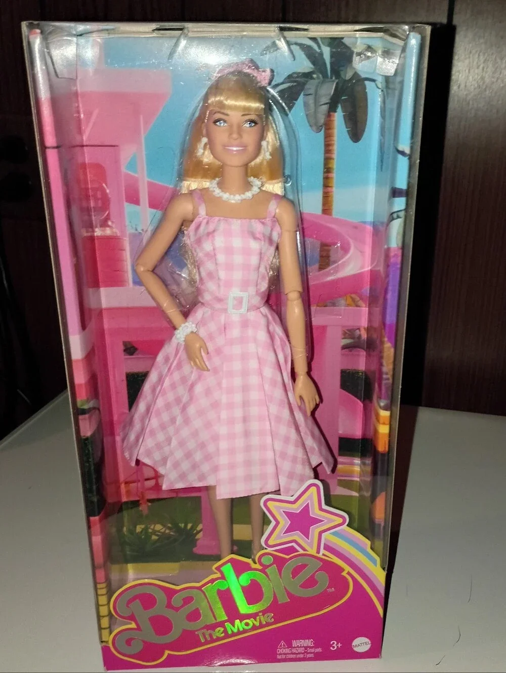 NEW Barbie The Movie Doll Pink Gingham Dress with Pearl Necklace and Bow